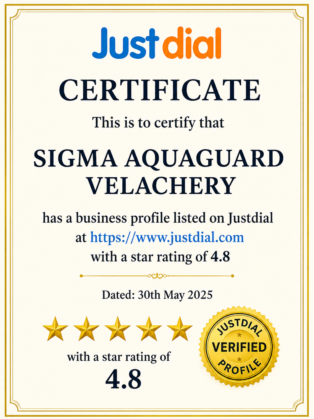 Sigma Aquaguard Velachery Justdial 4.8-star business profile certificate