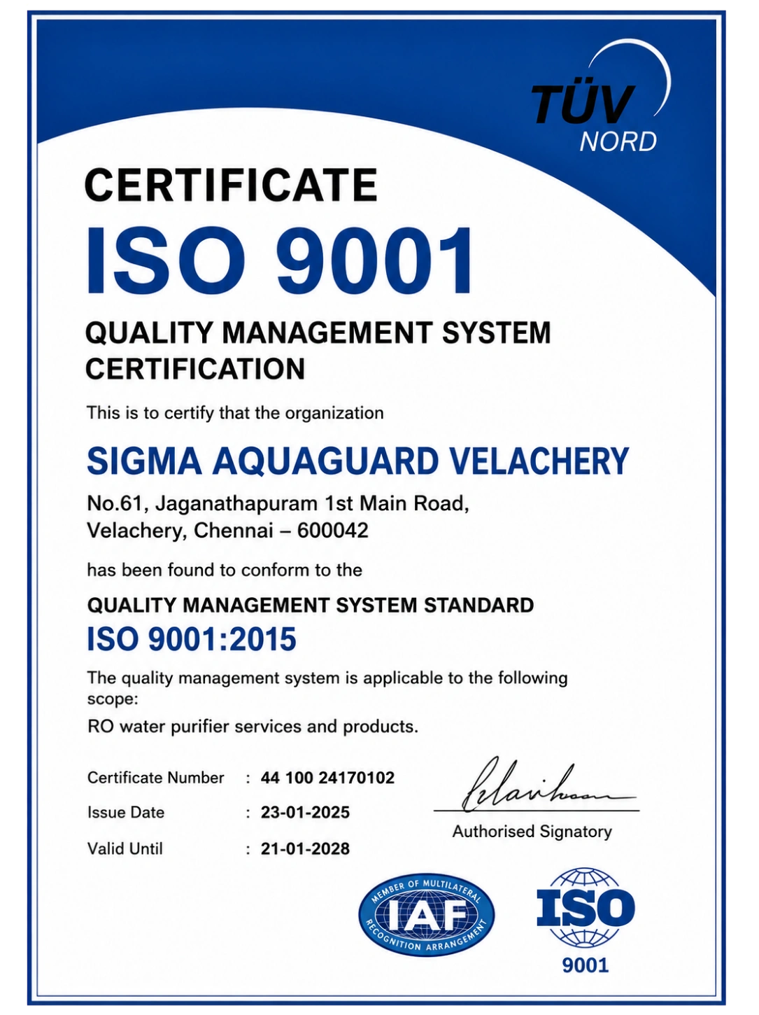 Sigma Aquaguard Velachery water purifier service certificate